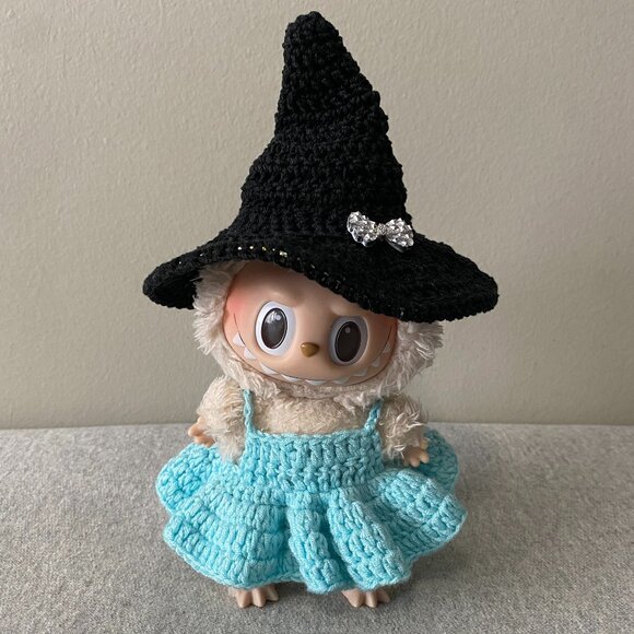 Handmade Crochet Halloween Blue Black Witch Outfit for Labubu 2-Piece Set - Picture 1 of 7